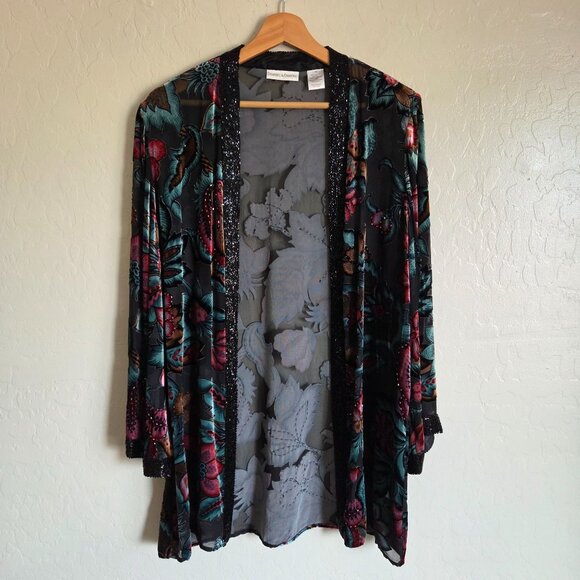 Drapers & Damons Velvet Burnout Beaded Floral Silk Cardigan Womens M Whimsigoth - Picture 1 of 12